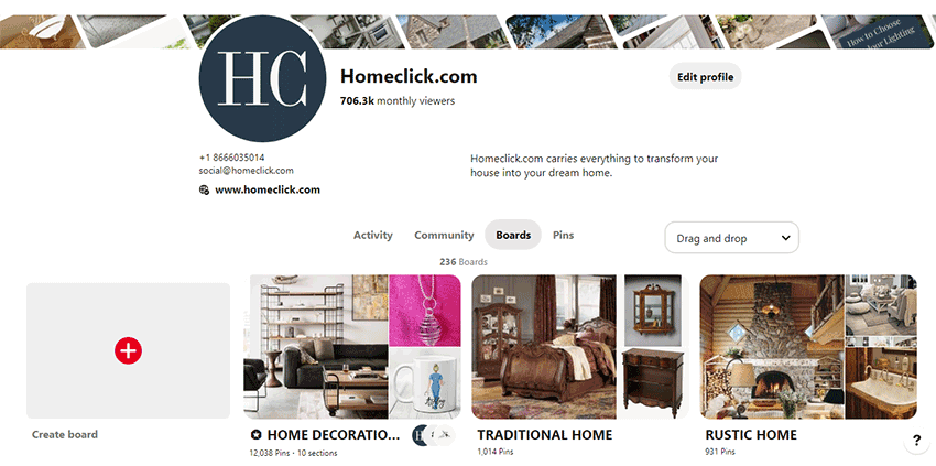 Homeclick Pinterest page for social media