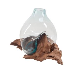 Jetsam - Transitional Style w/ Nature-Inspired/Organic inspirations - Recycled Glass and Teak Driftwood Glass Bottle - 14 Inches tall 16 Inches wide